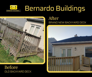 Before and after view of a backyard deck replacement project completed by Bernardo Buildings Inc in Virginia Beach, VA.
