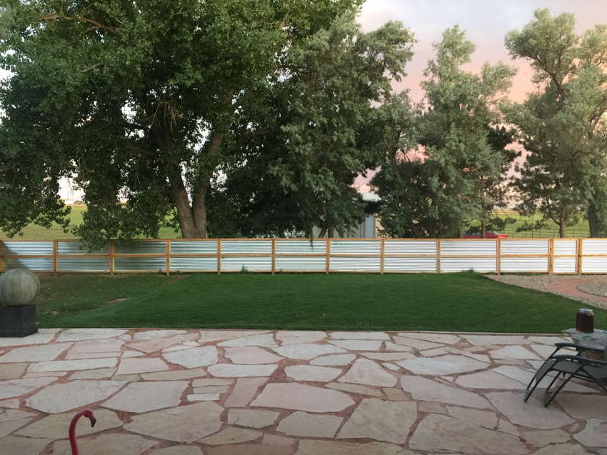 A backyard with a flagstone patio, green lawn, and corrugated metal fence by GKC Landscaping Contractors in Thornton, CO.