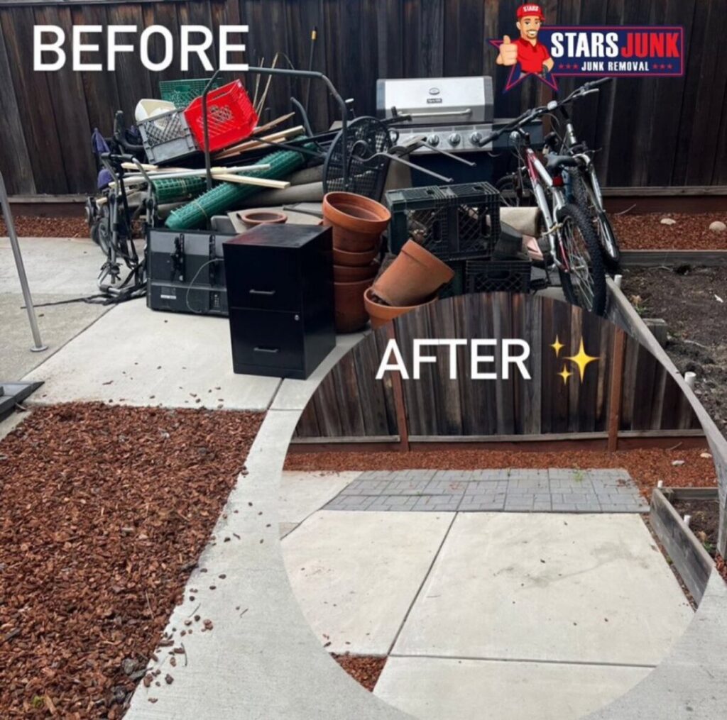 Before and after photos of a backyard junk cleanout, showing debris removed by Stars Junk Removal in San Jose, CA.