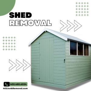 Before and after photos of a backyard cleanup by 402 Junk Removal in Lincoln, NE, showing a cluttered yard transformed into a clean space.