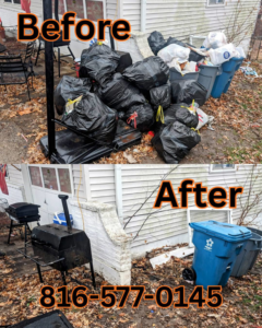 Before and after photo of a backyard cleared of trash bags and debris by Rubbish Boyz Removal LLC in Independence, MO.