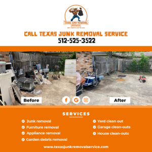 Before and after photos of a cluttered backyard cleaned by Texas Junk Removal Service in Austin, TX.