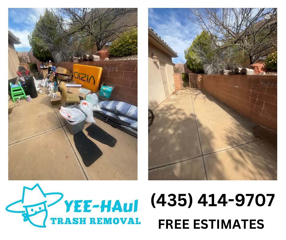 Before and after photos of a backyard junk removal job completed by YEE-HAul Trash Removal in St. George, UT.