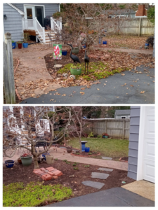 Before and after of a backyard leaf removal and cleanup service by Infinity Lawncare & Contracting LLC in Newport News, VA.