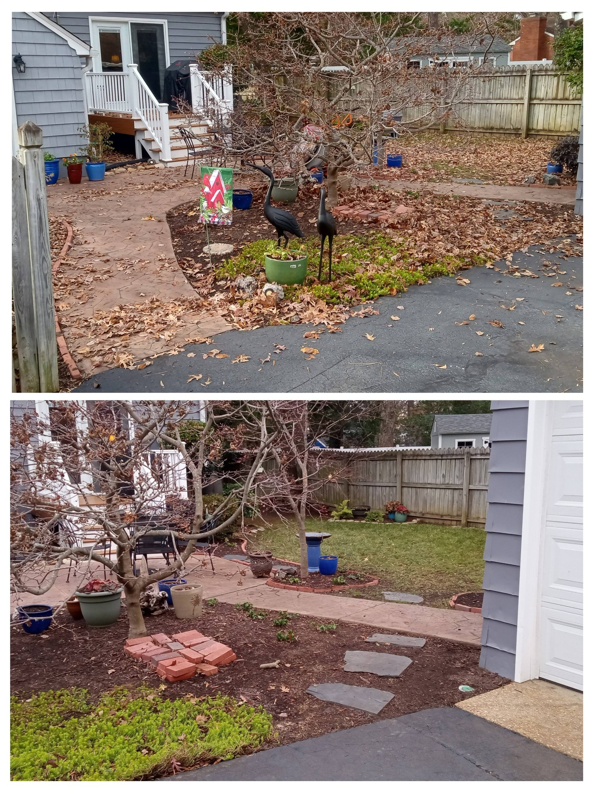 Before and after of a backyard leaf removal and cleanup service by Infinity Lawncare & Contracting LLC in Newport News, VA.