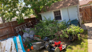 An overgrown backyard with trees, a shed, and lawnmowers, representing a 'before' scene for yard waste removal by Empty It Out Junk Removal, LLC in Billings, MT.