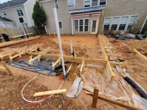 Backyard with concrete forms laid out for a new patio or foundation by GCI Services, Inc. in Simpsonville, SC