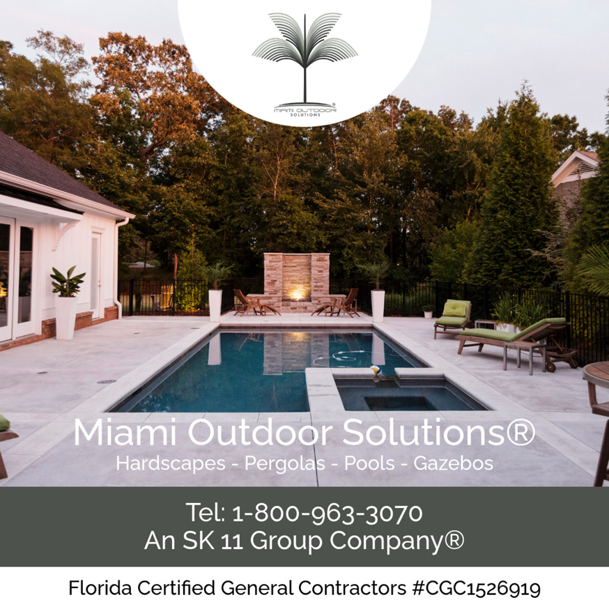 A backyard swimming pool and patio installation project by SK 11 Group, Inc. in Miami, FL.