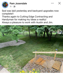 A newly completed backyard landscaping project with fresh sod and gravel paths by Cutting Edge Contracting and Handyman in Minneapolis, MN.