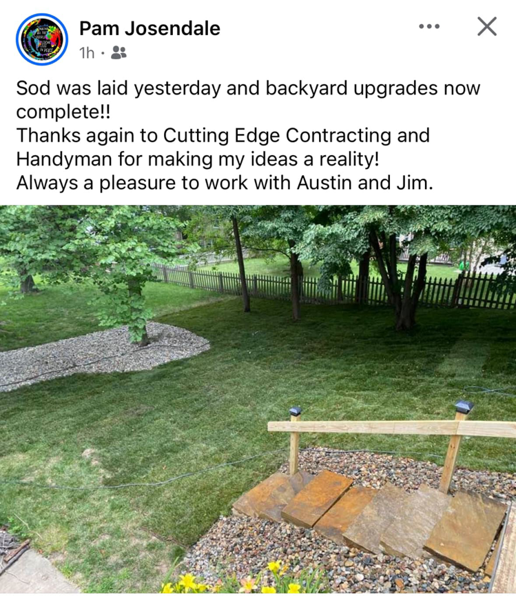 A newly completed backyard landscaping project with fresh sod and gravel paths by Cutting Edge Contracting and Handyman in Minneapolis, MN.
