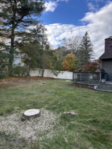 A backyard showing two tree stumps and wood chips on the ground after tree removal by JR Mendez Tree Services and Masonry LLC in Lynn, MA.