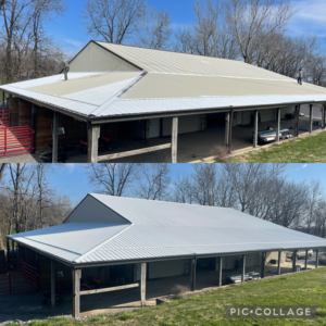 Before and after roof coating on a large barn or agricultural building by Nelson painting farm & industrial in Rockford, IL.