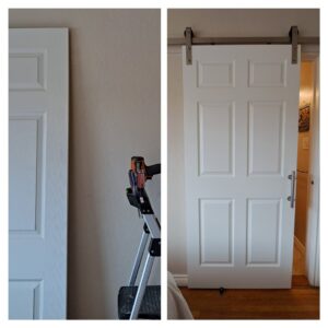 Before and after of a new barn door installation by Victor White Handyman in Long Beach, CA