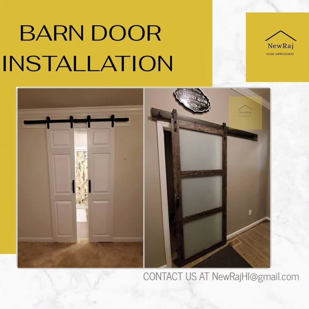 Two examples of barn door installations, showcasing services from NewRaj Home Improvement in Alexandria, VA.