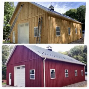 Before and after comparison of a barn exterior painting project by SID Painting in West Hartford, CT.