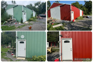 Before and after exterior painting of a barn or outbuilding by Nelson painting farm & industrial in Rockford, IL.