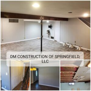 A collage of images showing basement finishing and interior renovation work, by DM Construction of Springfield in Springfield, IL.