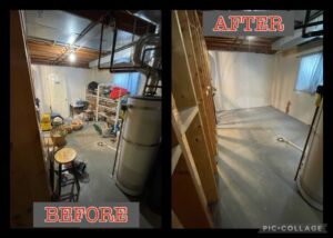 Before and after photos showing a cluttered basement cleaned out by Pack N Haul in West Valley City, UT.