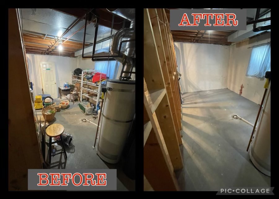 Before and after photos showing a cluttered basement cleaned out by Pack N Haul in West Valley City, UT.