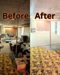 Before and after photo of a basement cleanout service by Rubbish Boyz Removal LLC in Independence, MO.