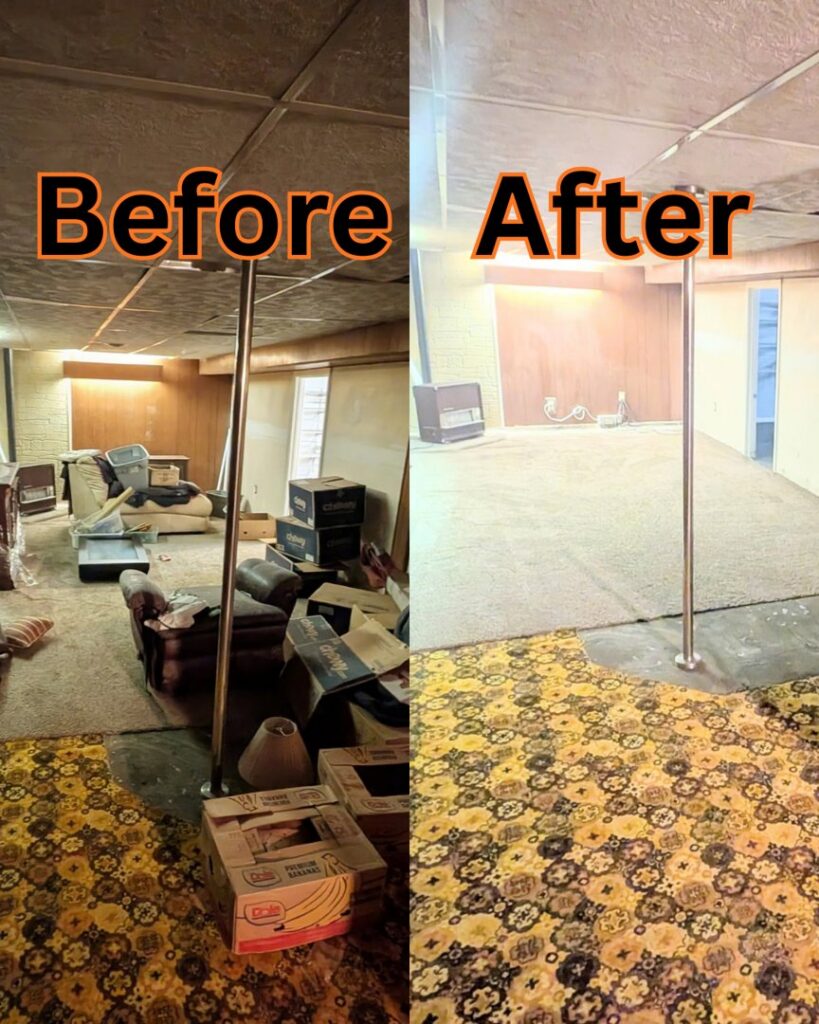 Before and after photo of a basement cleanout service by Rubbish Boyz Removal LLC in Independence, MO.