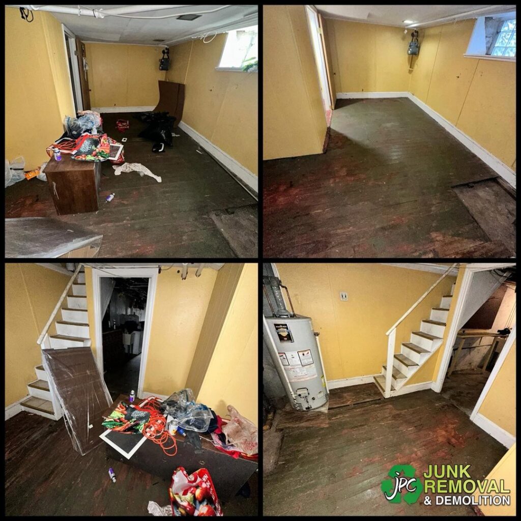 Before and after photos of a basement cleared of clutter and junk by JPC Junk Removal & Demolition in Philadelphia, PA.