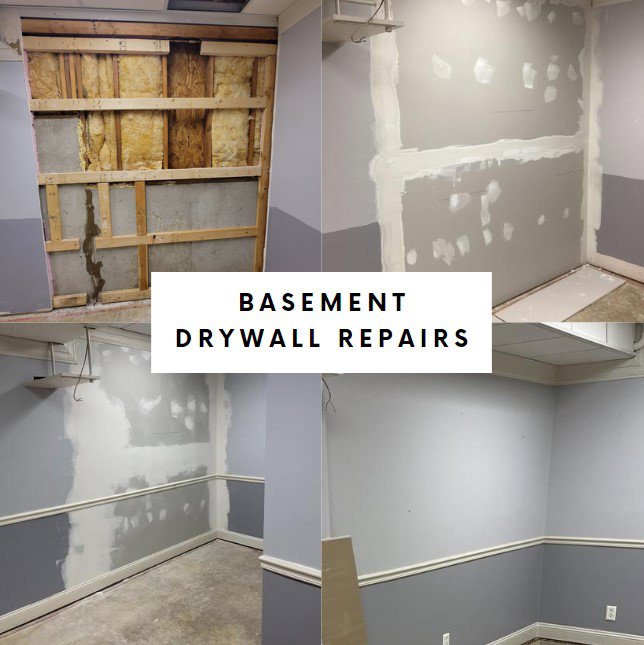 Before and after photos of basement drywall repairs completed by Mr. Handyman of Olathe, Gardner in Olathe, KS.