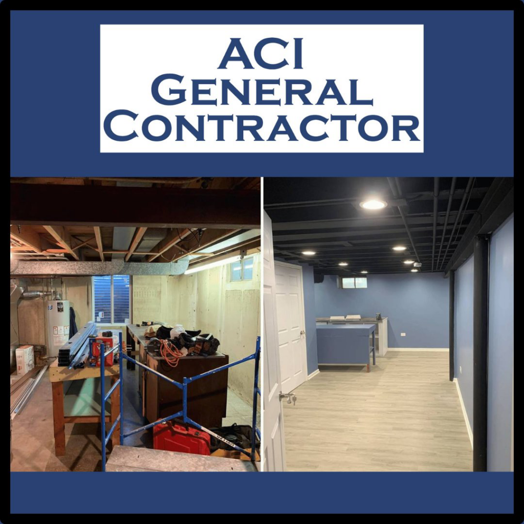 Before and after photos of a basement finishing project completed by ACI - General Contractor in Montgomery, IL.