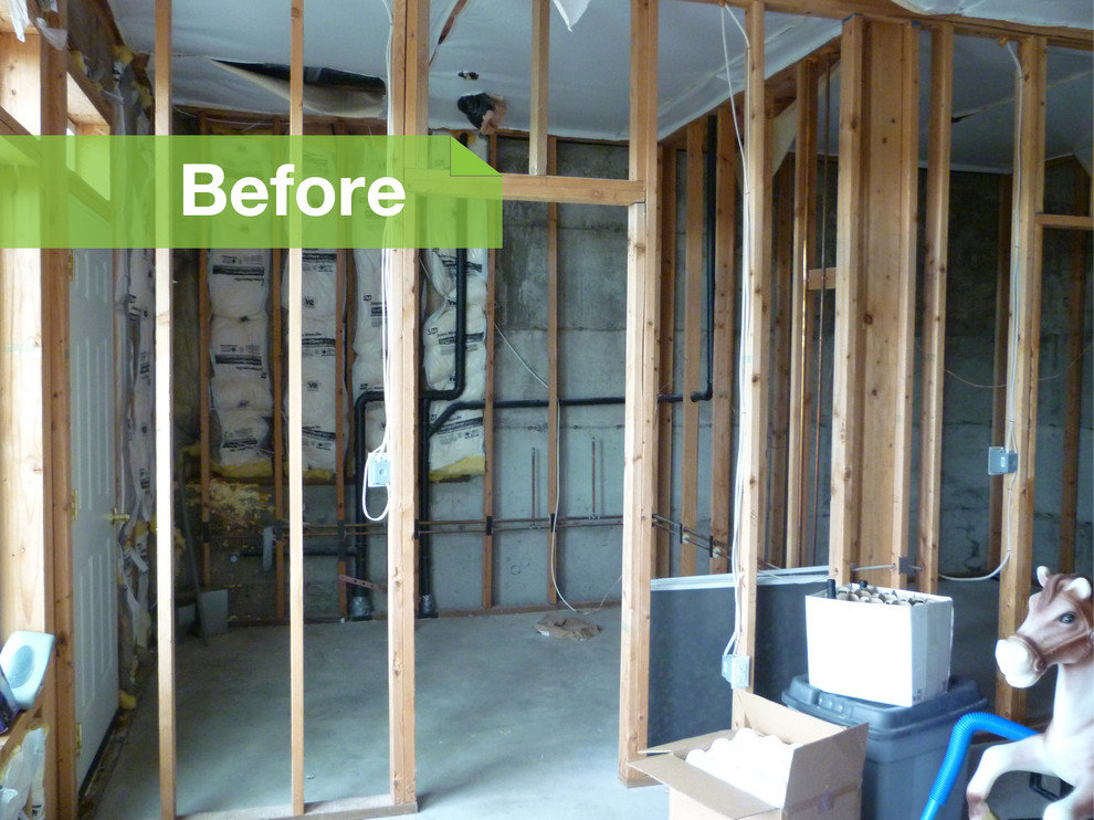 A "Before" view of a basement with wooden framing and insulation, indicating a renovation project by Advanced Seamless Gutters, Inc. in Chicopee, MA.