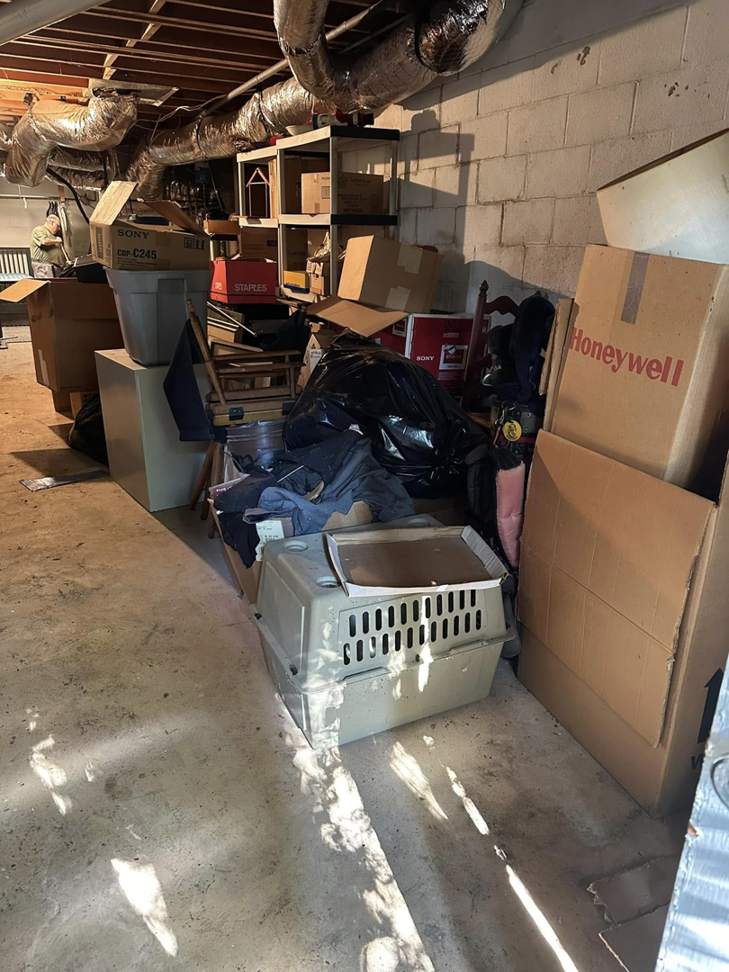 A basement corner piled with cardboard boxes, trash bags, and a pet carrier, awaiting junk removal by Pop's Pickup Junk & Trash Removal in Roswell, GA.