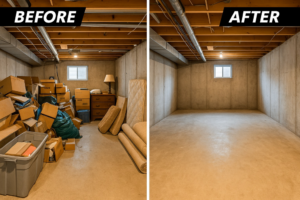 Before and after photos of a basement cleanout service by The Haul Squad Junk Removal & Moving in Allentown, PA.