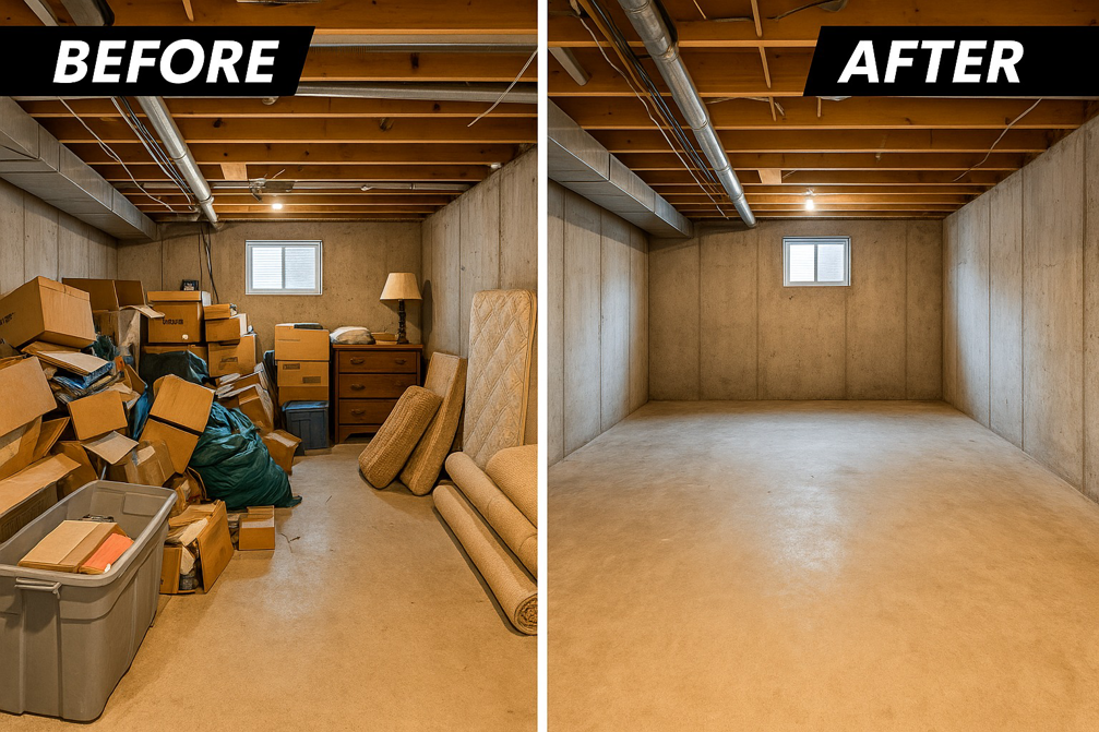 Before and after photos of a basement cleanout service by The Haul Squad Junk Removal & Moving in Allentown, PA.