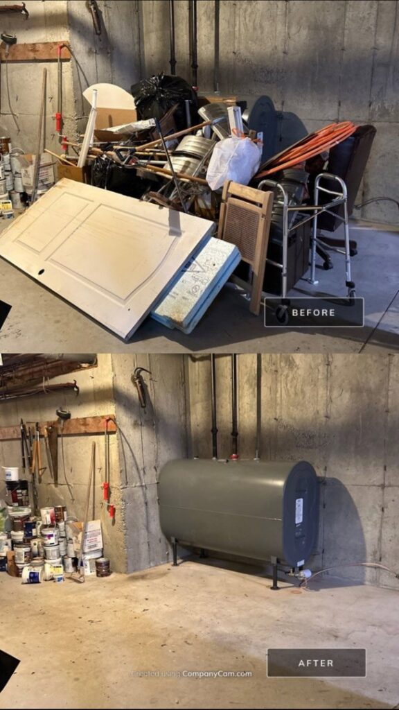 Before and after photo of a basement cleared of junk by Rubbish Doctor in Portland, ME.