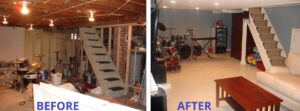 A before and after comparison of a basement renovation project completed by Casco Bay Construction Services, LLC in South Portland, ME.