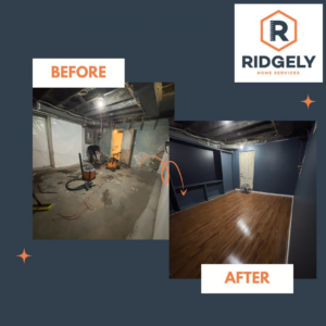Before and after photos of a complete basement renovation by Ridgely Home Services LLC in Pittsburgh, PA.