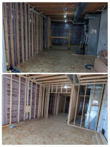 Two views of a basement renovation project showing new framing, insulation, and ductwork by RC Handyman Services in Council Bluffs, IA.