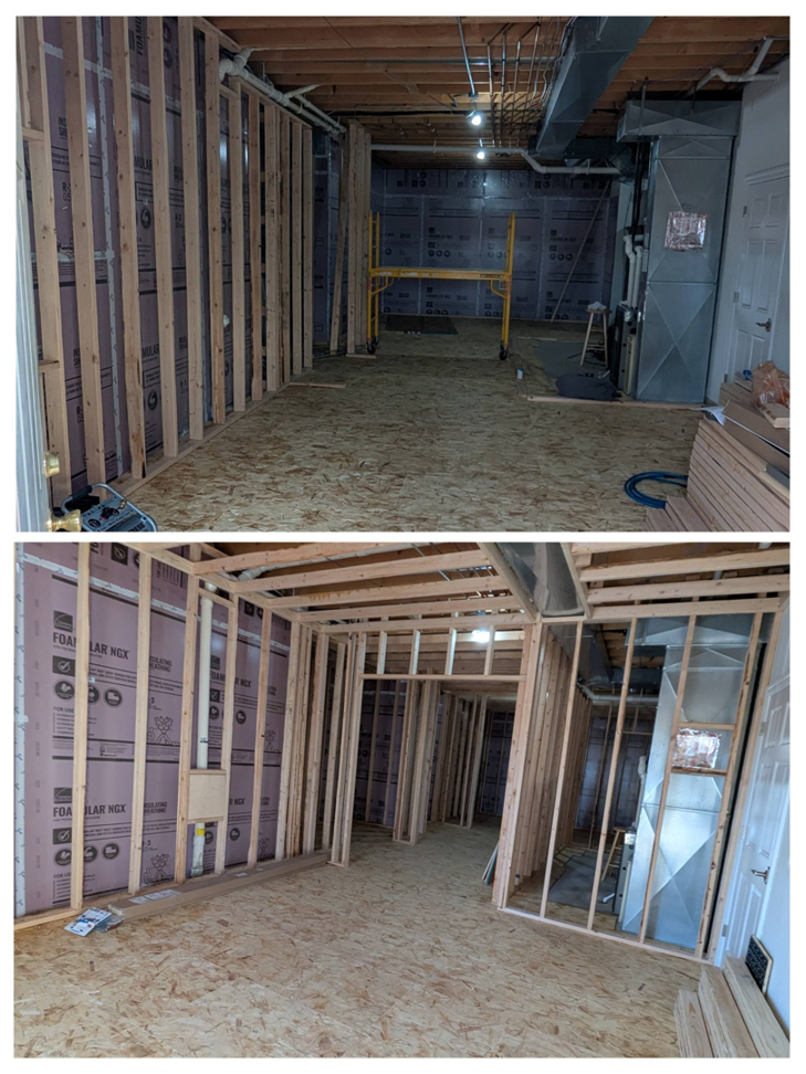 Two views of a basement renovation project showing new framing, insulation, and ductwork by RC Handyman Services in Council Bluffs, IA.