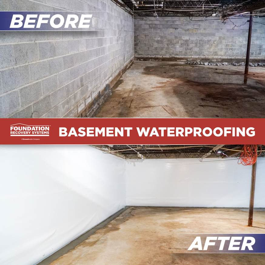 Before and after photos of professional basement waterproofing by Foundation Recovery Systems in Lee's Summit, MO.