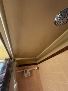 Bathroom ceiling with water stains and mildew, showing a repair need for S & H Painting and Drywall LLC in Montgomery, AL.