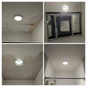 Before, during, and after photos of a bathroom ceiling water damage repair by RC Handyman Services in Council Bluffs, IA.
