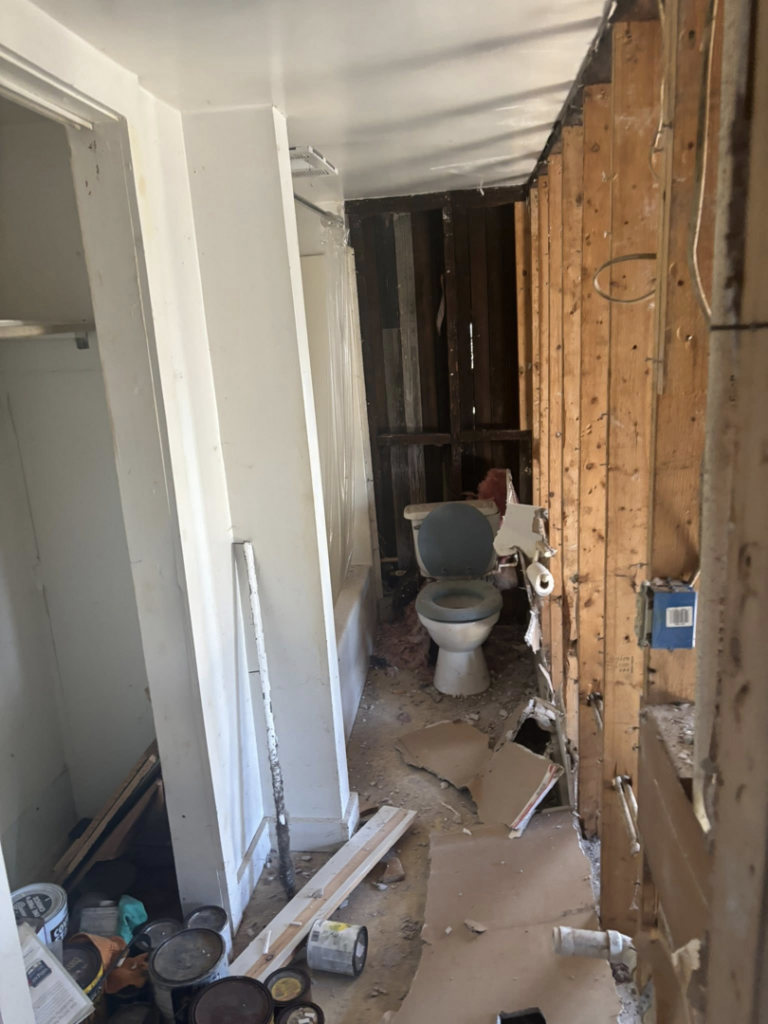 A bathroom undergoing demolition and renovation, showing exposed studs, by Fox Renovations in Knoxville, TN