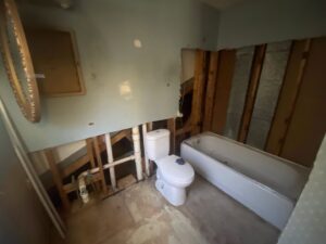 A bathroom undergoing demolition and renovation, showing exposed studs, plumbing, toilet, and tub by Stonehedge Construction in Buford, GA