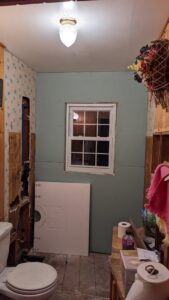 Drywall being installed in a bathroom during a renovation project by Devil Dog Services LLC in Billings, MT.