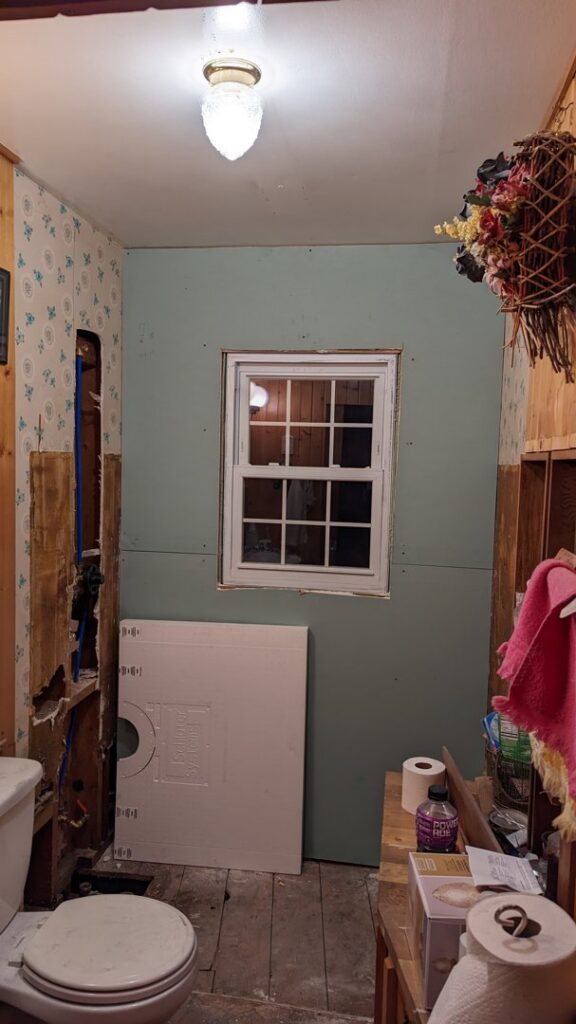 Drywall being installed in a bathroom during a renovation project by Devil Dog Services LLC in Billings, MT.