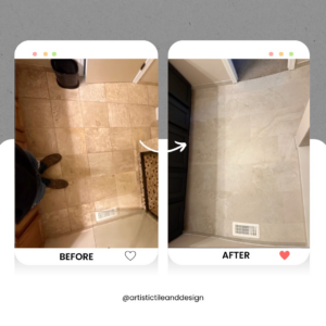 Before and after of a bathroom floor tile replacement by Artistic Tile & Design in Indianapolis, IN.