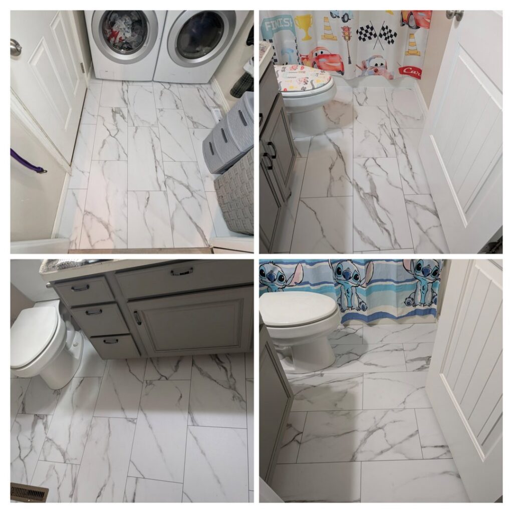 A collage showing newly installed tile flooring in a bathroom and laundry room by Precision Home Solutions in Santa Fe, TN