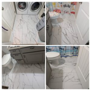A collage showing newly installed tile flooring in a bathroom and laundry room by Precision Home Solutions in Santa Fe, TN