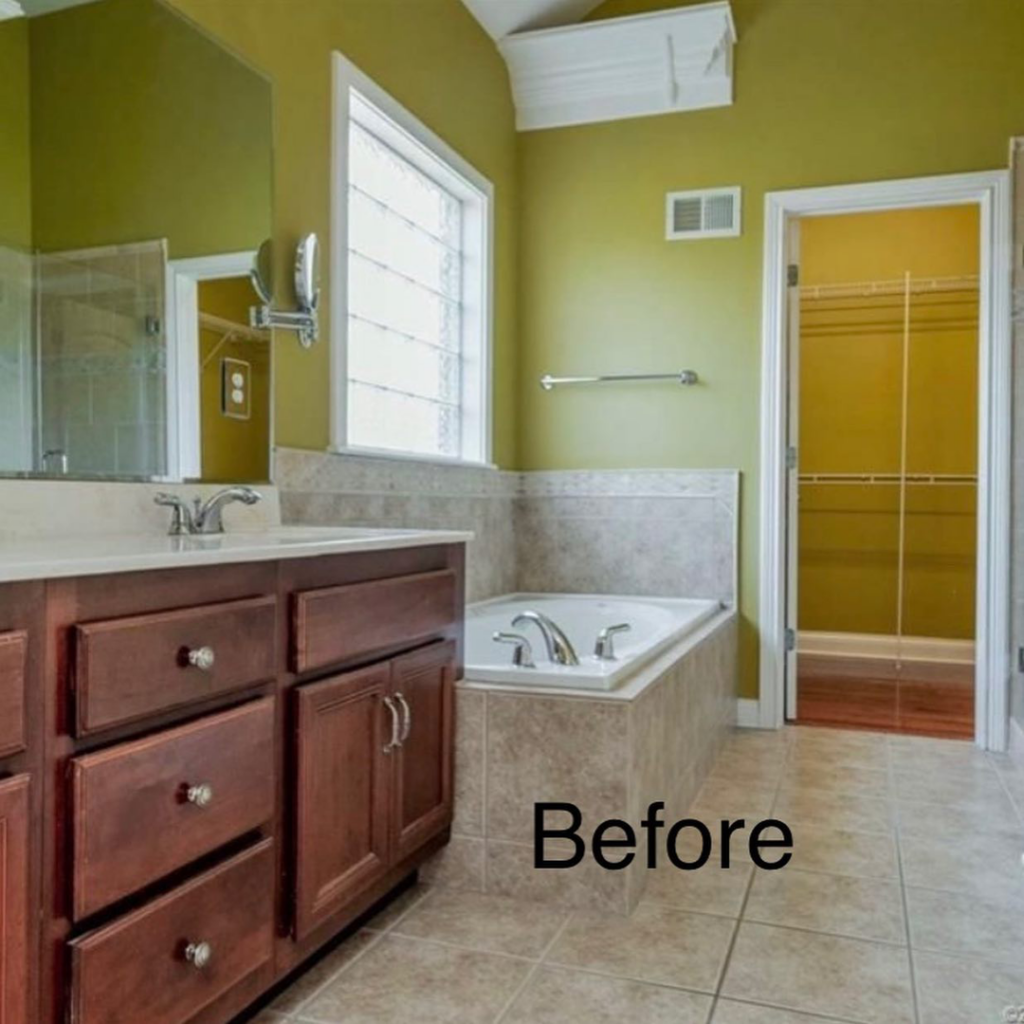 A "Before" photo of a bathroom with green walls, ready for a painting transformation by Wilder Painting, LLC in Quincy, MA