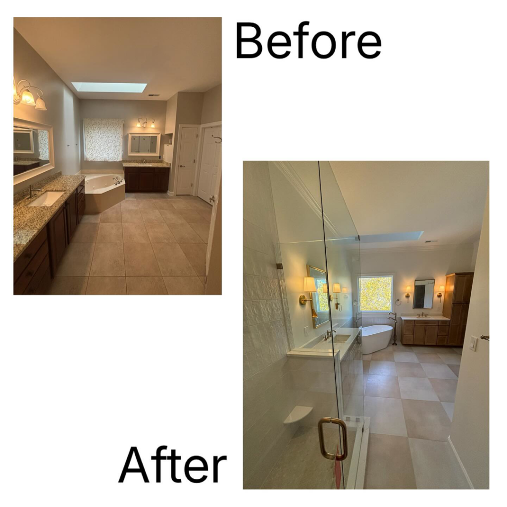 Before and after view of a complete bathroom remodel by Berco Construction LLC in Godfrey, IL