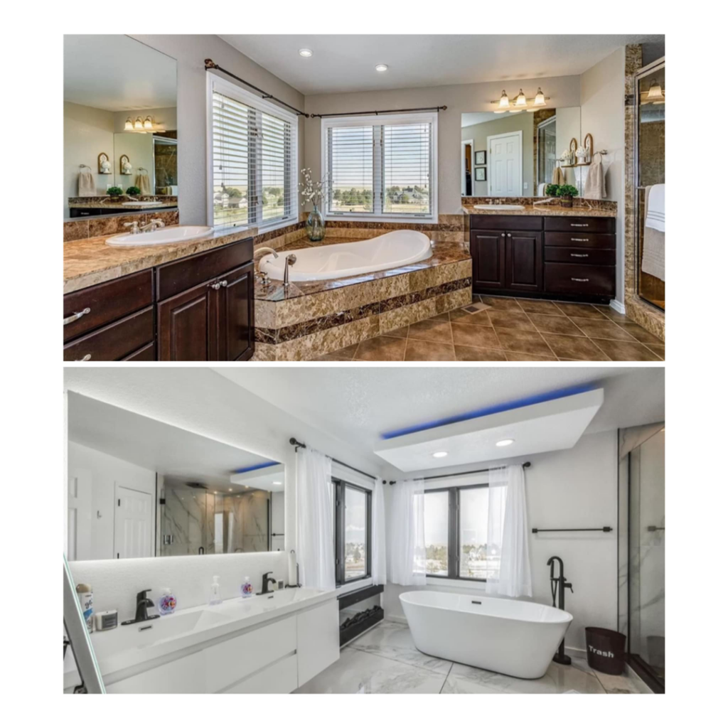 Before and after of a modern bathroom remodel by Infinite Transformations LLC, a handyman service in Denver, CO.